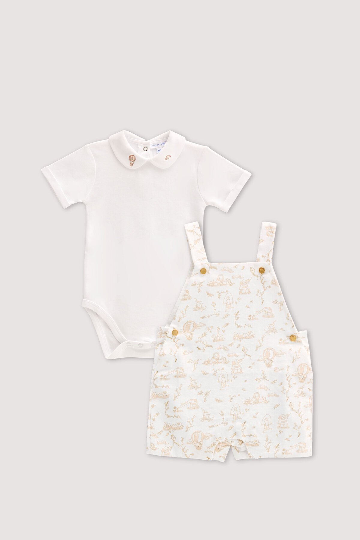 Salopet & Nakışlı Body Seti - Toile De Jouy / Bej