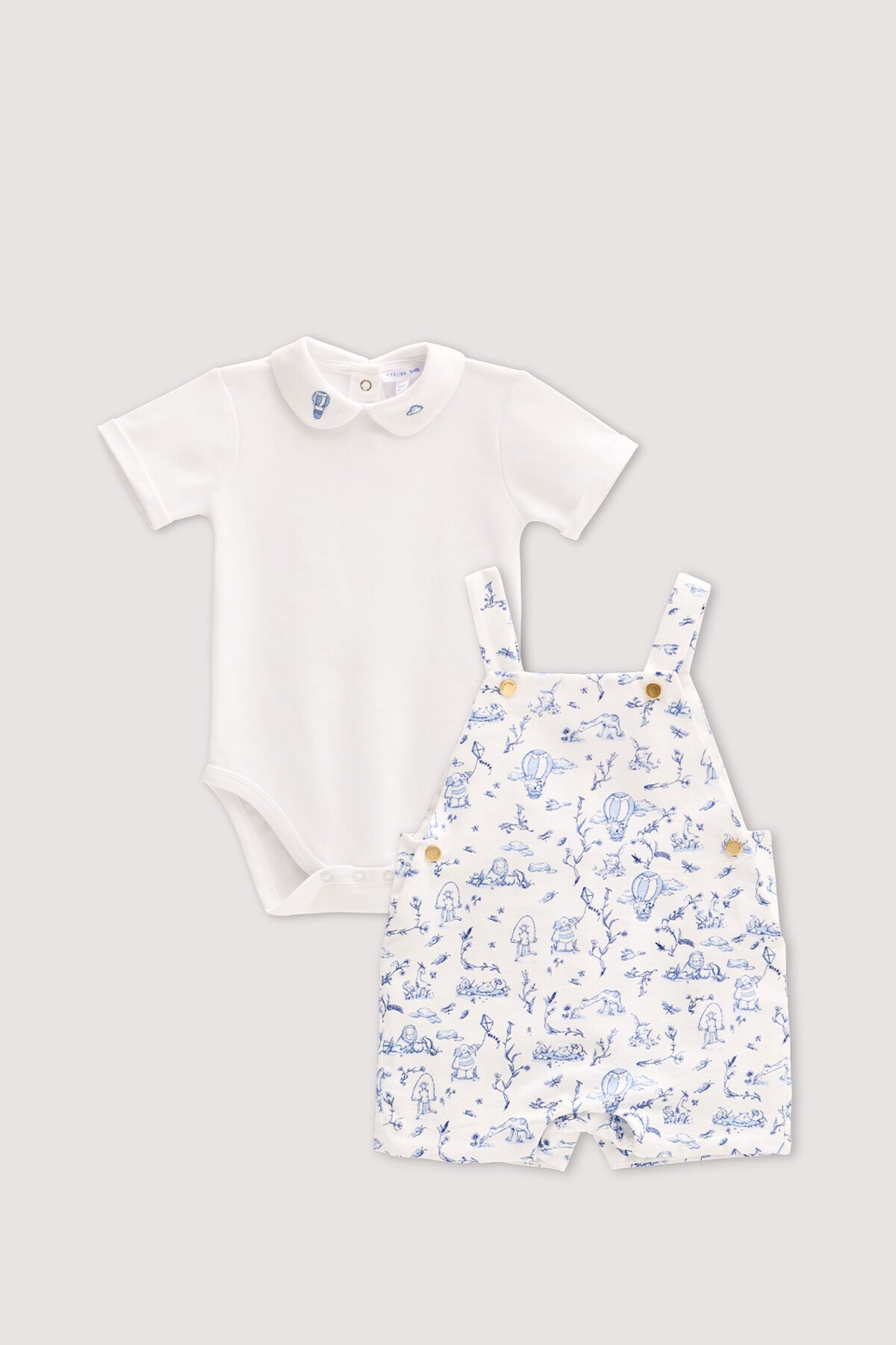 Salopet & Nakışlı Body Seti - Toile De Jouy / Mavi