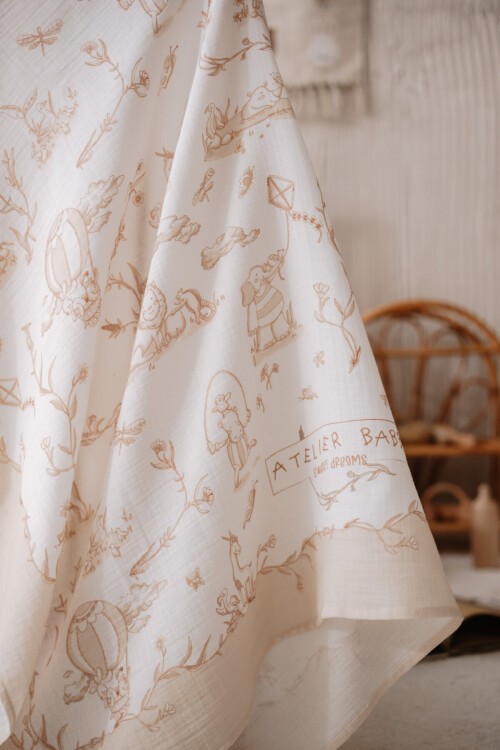 Çift Katlı Müslin Bebek Örtüsü - Toile De Jouy / Bej