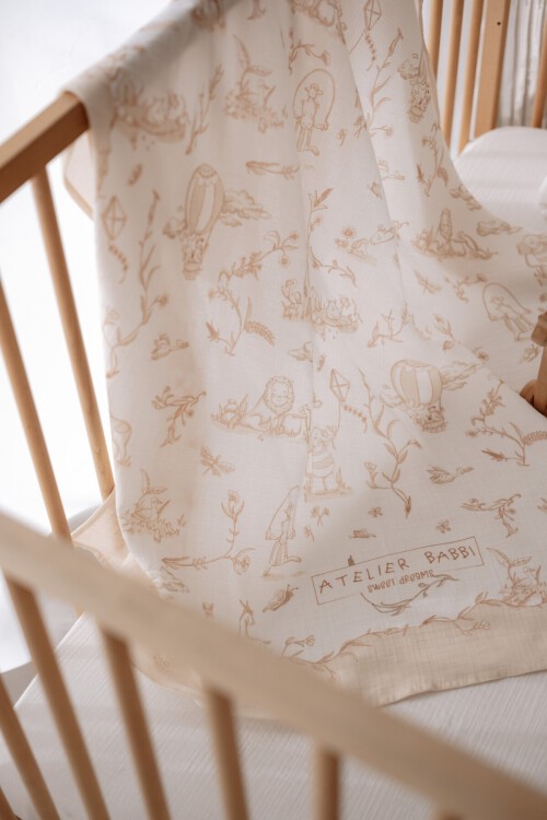 Çift Katlı Müslin Bebek Örtüsü - Toile De Jouy / Bej