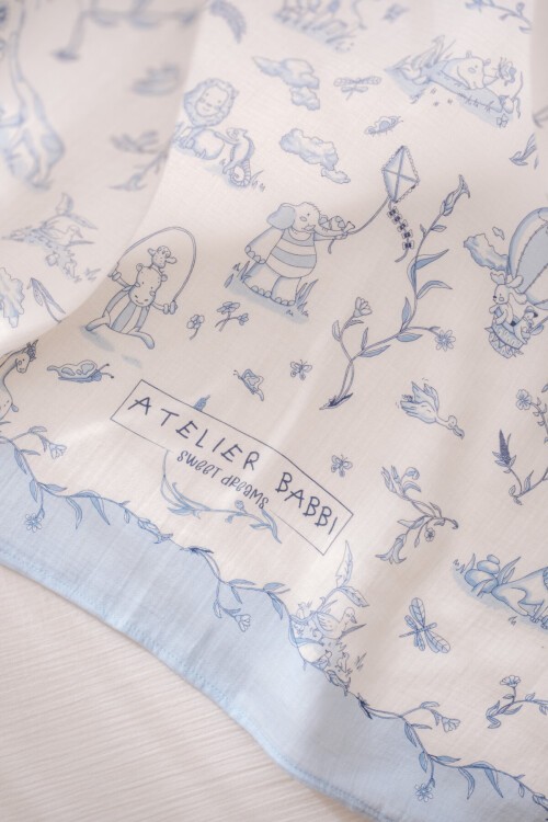 Çift Katlı Müslin Bebek Örtüsü - Toile De Jouy / Mavi