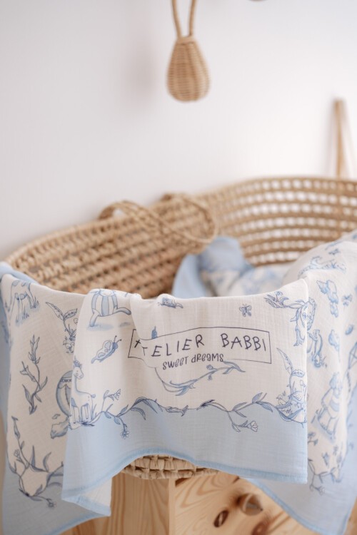 Çift Katlı Müslin Bebek Örtüsü - Toile De Jouy / Mavi