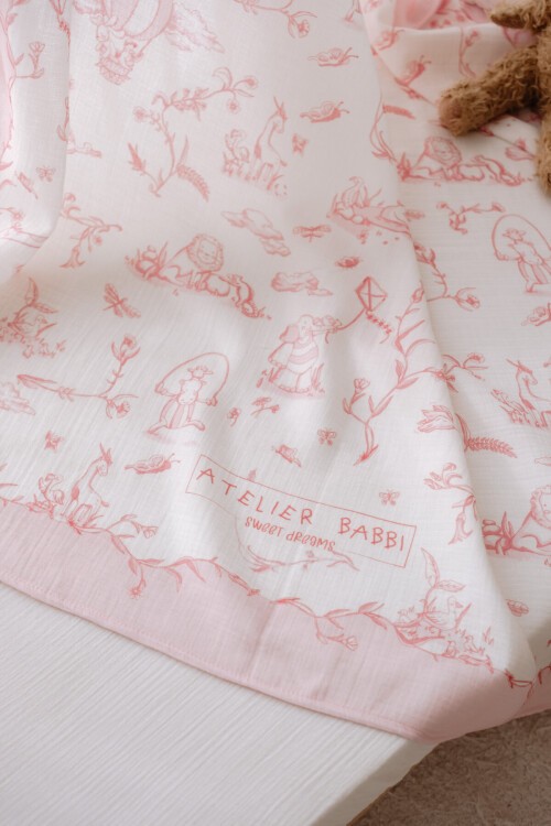 Çift Katlı Müslin Bebek Örtüsü - Toile De Jouy / Pembe