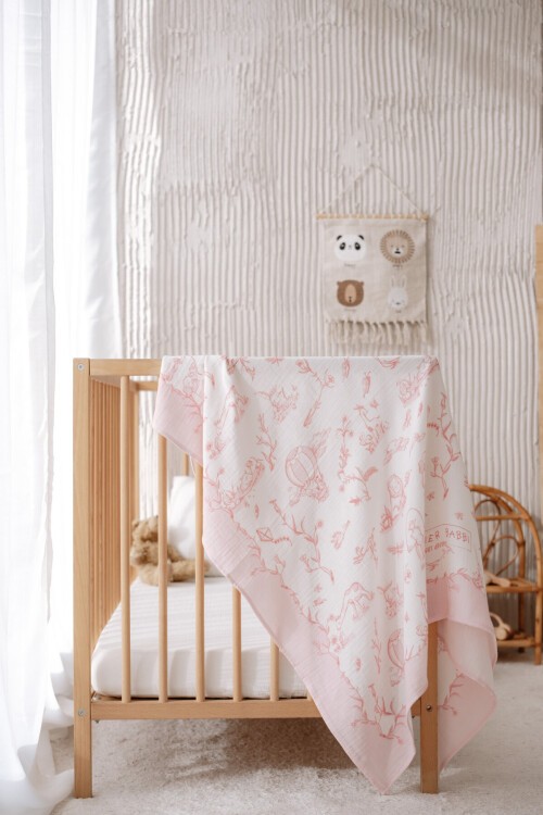 Çift Katlı Müslin Bebek Örtüsü - Toile De Jouy / Pembe