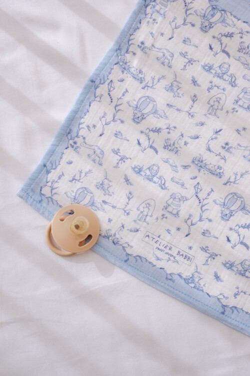 Müslin Bebek Örtüsü Ve 3’Lü Ağız Bezi Seti - Toile De Jouy / Mavi