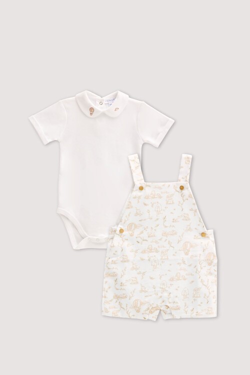 Salopet & Nakışlı Body Seti - Toile De Jouy / Bej