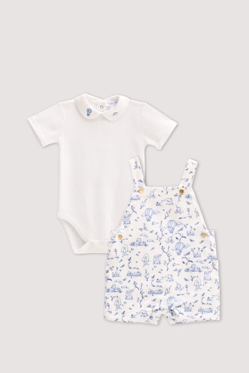 Salopet & Nakışlı Body Seti - Toile De Jouy / Mavi