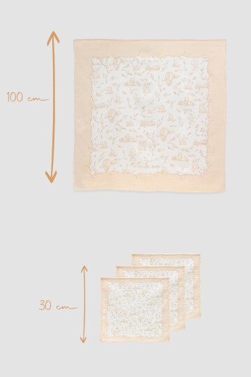 Müslin Bebek Örtüsü Ve 3’Lü Ağız Bezi Seti - Toile De Jouy / Bej
