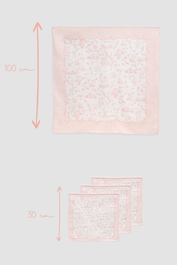 Müslin Bebek Örtüsü Ve 3’Lü Ağız Bezi Seti - Toile De Jouy / Pembe