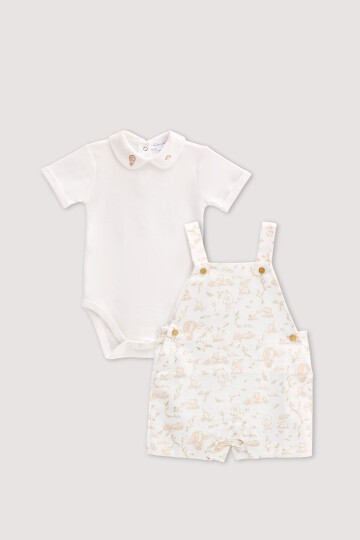 Salopet & Nakışlı Body Seti - Toile De Jouy / Bej